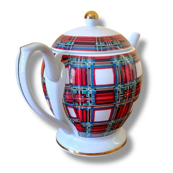Willams Sonoma Stuart Dress Tartan Teapot White Red Gold Holiday 4 Cup Japan - Picture 3 of 14